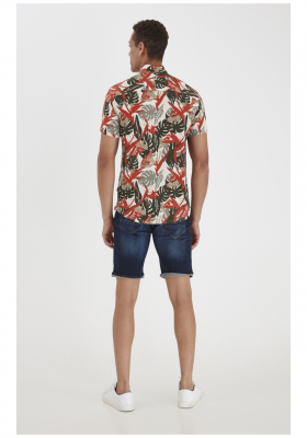 BLEND Happy Leaves 1828, Bézs Rövid Ujjú Ing, Slim fit