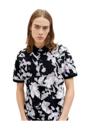 TOM TAILOR DENIM 5280, Fekete, Virágmintás Rövid Ujjú Ingpóló