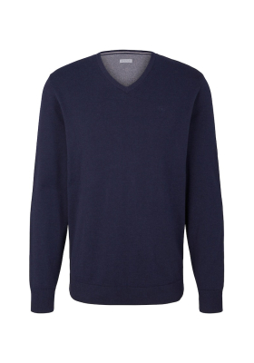 TOM TAILOR Basic V-Neck 7665, Kék Melanzs Kötött Pulóver