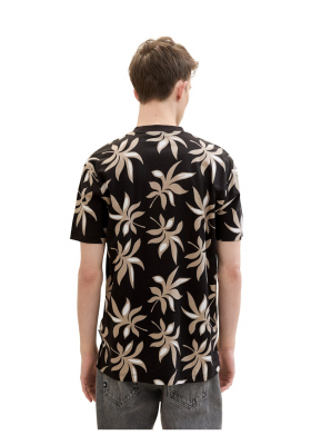 TOM TAILOR DENIM 2040, Fekete Levélmintás Rövid Ujjú Póló