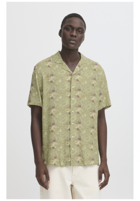 BLEND Ascot 8227, Olajzöld Mintás Rövid Ujjú Ing