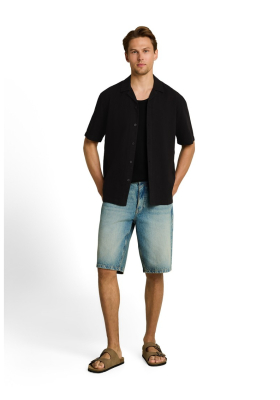 TOM TAILOR DENIM 0987, Fekete Strukturált Rövid Ujjú Ing