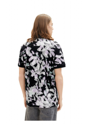 TOM TAILOR DENIM 5280, Fekete, Virágmintás Rövid Ujjú Ingpóló