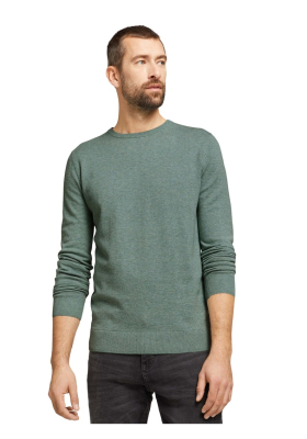 TOM TAILOR Basic O-Neck 7299, Zöld Melanzs Kötött Pulóver