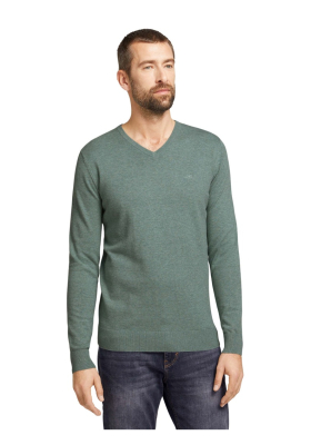 TOM TAILOR Basic V-Neck 7300, Zöld Melanzs Kötött Pulóver