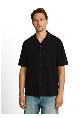 TOM TAILOR DENIM 0987, Fekete Strukturált Rövid Ujjú Ing
