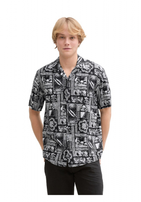 TOM TAILOR DENIM 5928, Hawai Mintás Fekete Fehér Rövid Ujjú Ing