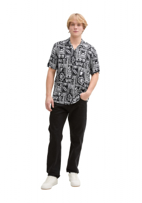 TOM TAILOR DENIM 5928, Hawai Mintás Fekete Fehér Rövid Ujjú Ing