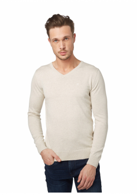TOM TAILOR Basic V-Neck 1321, Bézs Kötött Pulóver