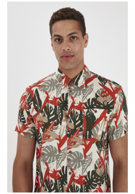 BLEND Happy Leaves 1828, Bézs Rövid Ujjú Ing, Slim fit