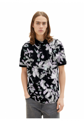 TOM TAILOR DENIM 5280, Fekete, Virágmintás Rövid Ujjú Ingpóló