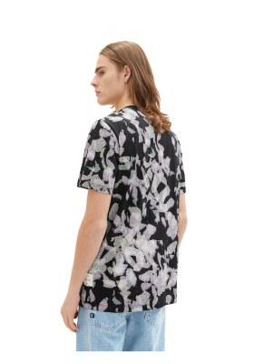 TOM TAILOR DENIM 5607, Fekete, Virágmintás Rövid Ujjú Póló