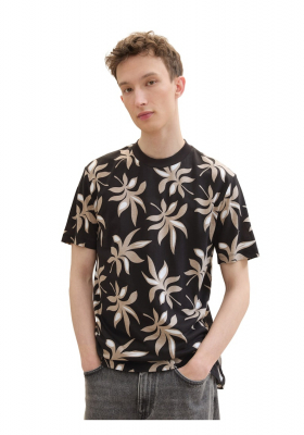 TOM TAILOR DENIM 2040, Fekete Levélmintás Rövid Ujjú Póló