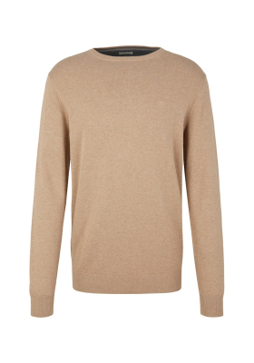 TOM TAILOR Basic O-Neck 2819, Mogyoróbarna Melanzs Kötött Pulóver