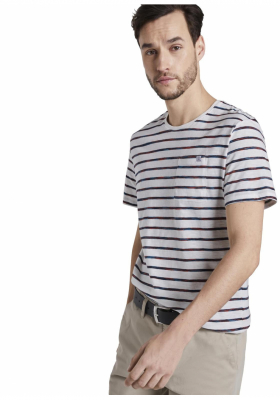 TOM TAILOR Space Dye Striped 8127, Piros-Fehér Csíkos Rövid Ujjú Póló