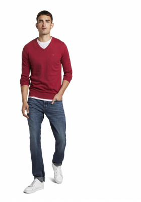 TOM TAILOR Basic V-Neck 2820, Piros Kötött Pulóver