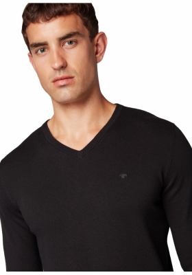 TOM TAILOR Basic V-Neck 2820, Fekete Kötött Pulóver
