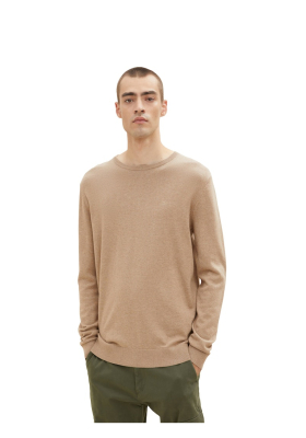 TOM TAILOR Basic O-Neck 2819, Mogyoróbarna Melanzs Kötött Pulóver