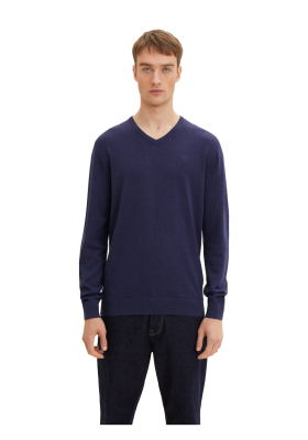 TOM TAILOR Basic V-Neck 7665, Kék Melanzs Kötött Pulóver
