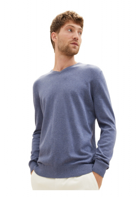 TOM TAILOR 2820, Kék Kötött V-Nyakú Pulóver