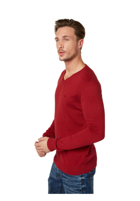 TOM TAILOR Basic V-Neck 1321, Piros Melanzs Kötött Pulóver
