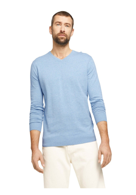 TOM TAILOR Basic V-Neck 7300, Kék Melanzs Kötött Pulóver