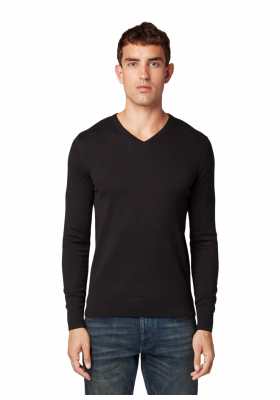 TOM TAILOR Basic V-Neck 2820, Fekete Kötött Pulóver