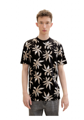 TOM TAILOR DENIM 2040, Fekete Levélmintás Rövid Ujjú Póló