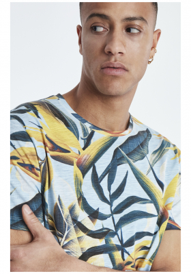 BLEND Bird Of Paradise 0151, Világoskék Levélmintás Rövid Ujjú Póló