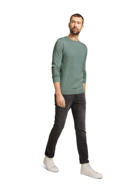 TOM TAILOR Basic O-Neck 7299, Zöld Melanzs Kötött Pulóver