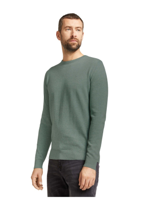 TOM TAILOR Basic O-Neck 7299, Zöld Melanzs Kötött Pulóver