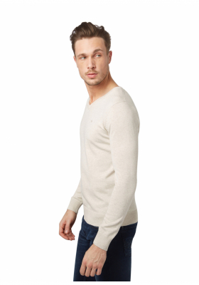 TOM TAILOR Basic V-Neck 1321, Bézs Kötött Pulóver