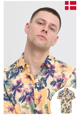 BLEND Hatle 8224, Homokszínű Virágos Rövid Ujjú Ing