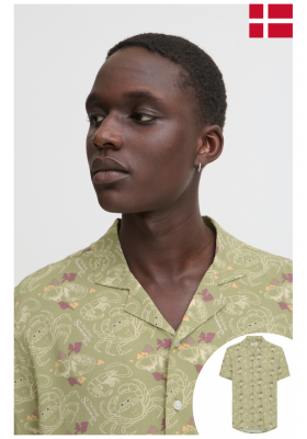 BLEND Ascot 8227, Olajzöld Mintás Rövid Ujjú Ing