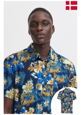 BLEND Hatle 8224, Kék Virágos Rövid Ujjú Ing