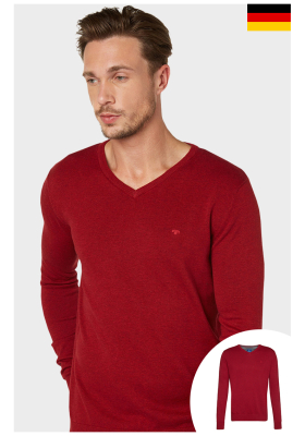 TOM TAILOR Basic V-Neck 1321, Piros Melanzs Kötött Pulóver