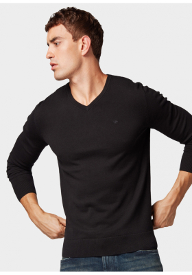 TOM TAILOR Basic V-Neck 2820, Fekete Kötött Pulóver