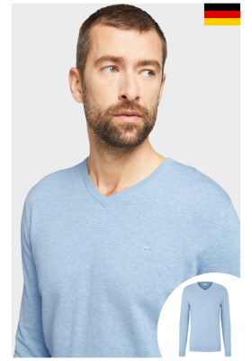 TOM TAILOR Basic V-Neck 7300, Kék Melanzs Kötött Pulóver