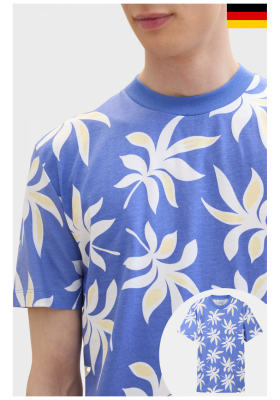 TOM TAILOR DENIM 2040, Kék Levélmintás Rövid Ujjú Póló