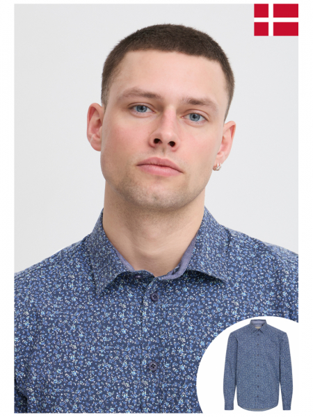 BLEND Aaron 8101, Kék Virágmintás Hosszú Ujjú Ing