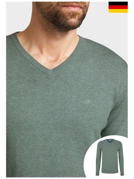 TOM TAILOR Basic V-Neck 7300, Zöld Melanzs Kötött Pulóver
