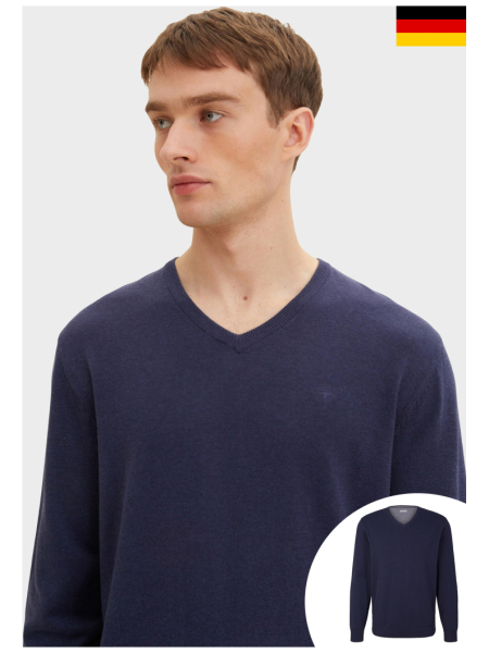 TOM TAILOR Basic V-Neck 7665, Kék Melanzs Kötött Pulóver